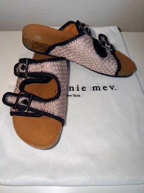 bernie mev. Pink Woven Slide Sandals with Black Trim and velcro Buckles